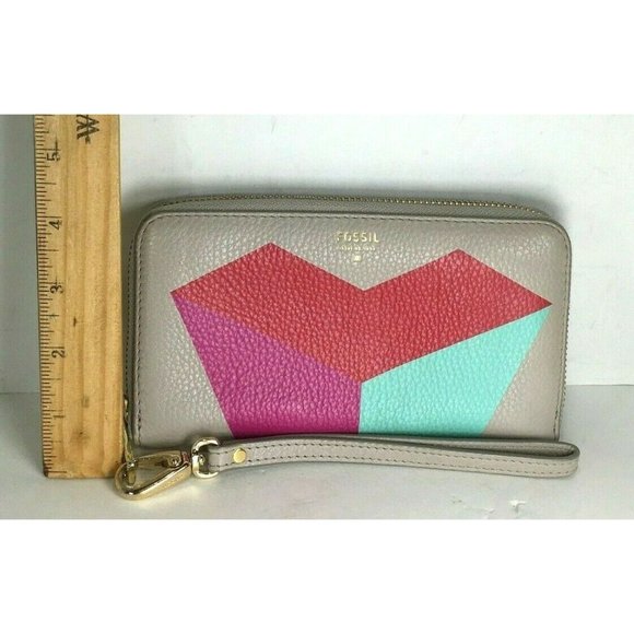 Fossil Gray Leather Multicolor Abstract Clutch Wristlet Wallet - Picture 8 of 12